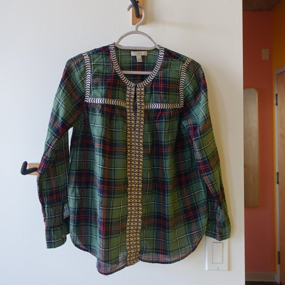 J. Crew 07599 Green Holiday Tartan Plaid Embroidered Popover V Neck Blouse 0 - Picture 11 of 14